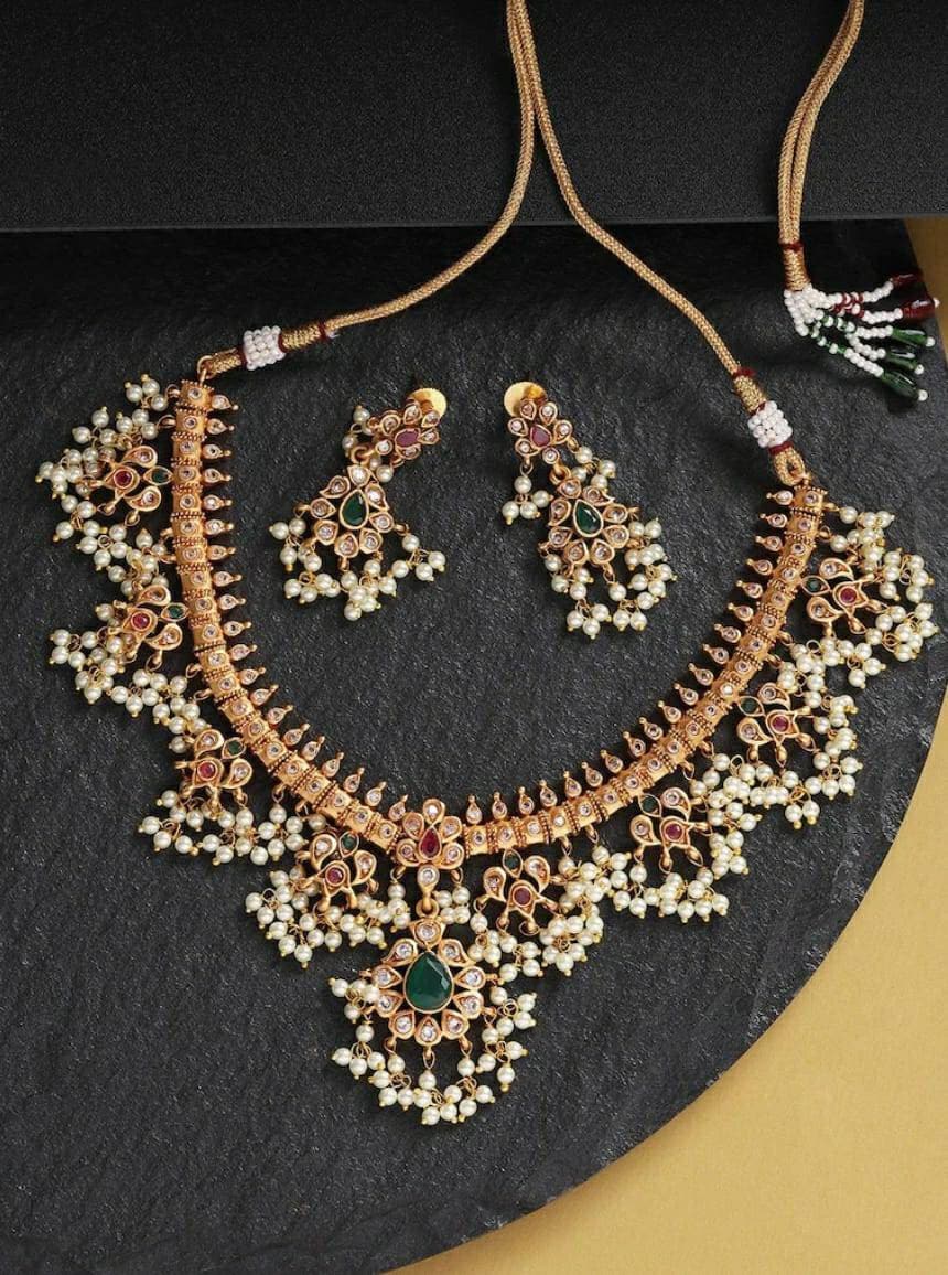Gold Halskette, Off-white & Grün Stein Schmuck Set, Indianer Choker, Perlen Kette, Guttapusalu Halskette, Tempel Schmuck, Südindischer Schmuck