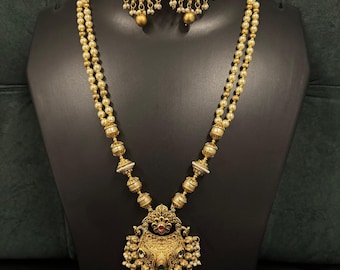 Antique Gold Plated Indian Jewelry Set, Indian Long Necklace, CZ Necklace, Guttapusalu Necklace, Temple Jewelry, South Indian Jewelry