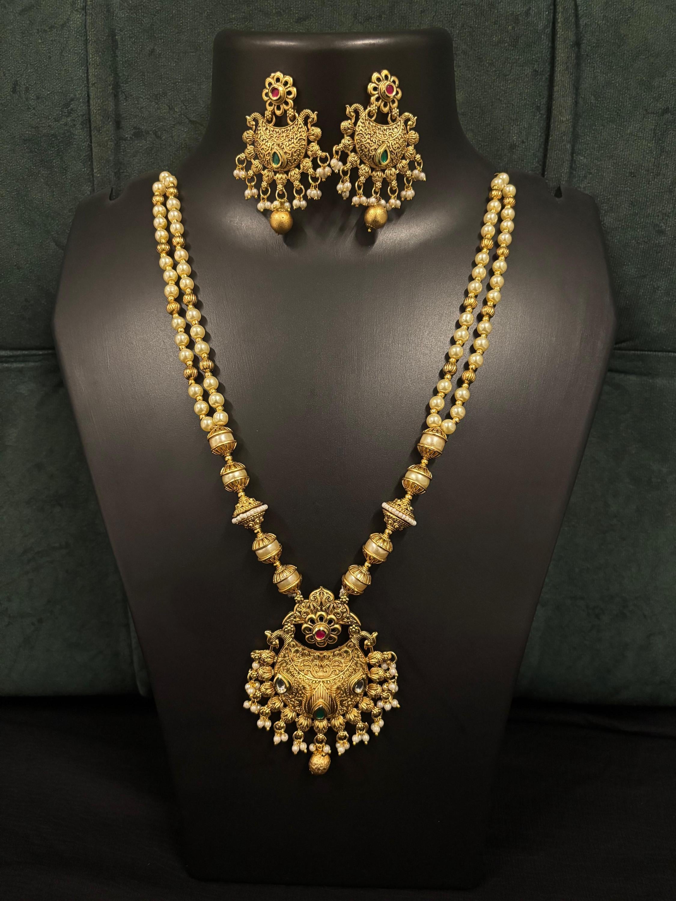 Antique Gold Plated Indian Jewelry Set, Indian Long Necklace, CZ
