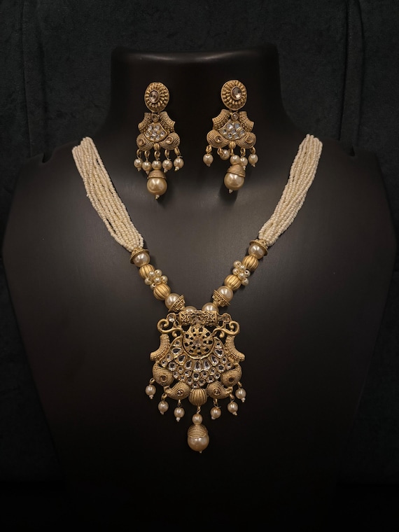 Antique Gold Plated Indian Jewelry Set, Indian Long Necklace, CZ