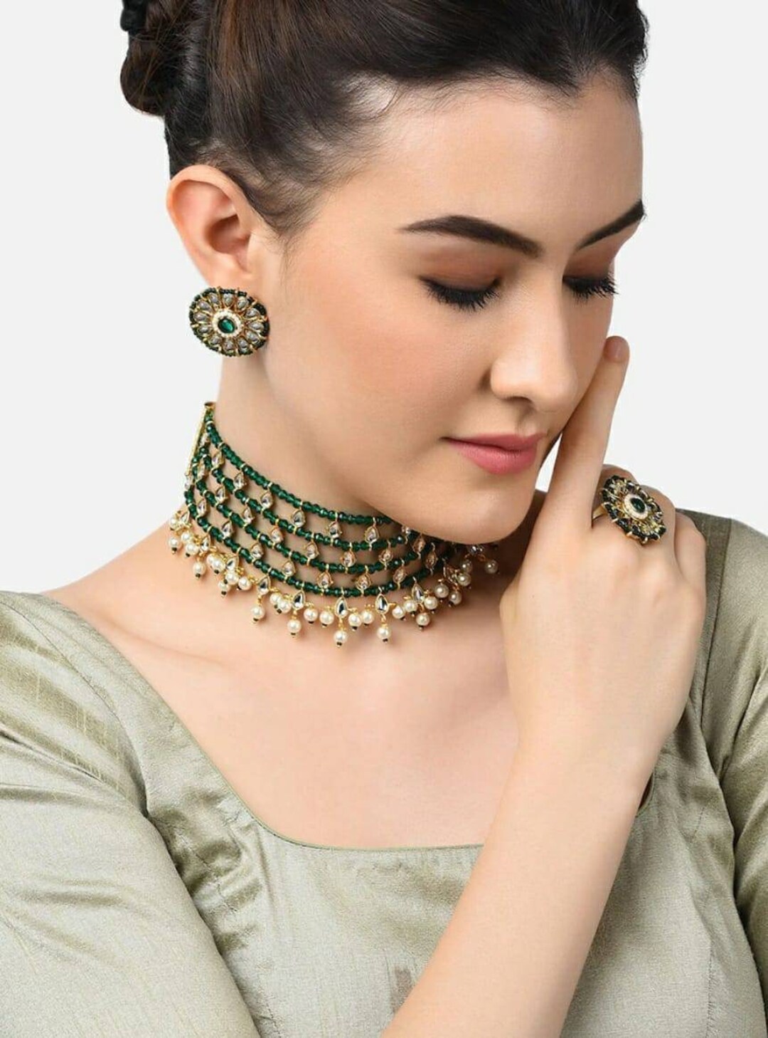 Kundan Choker/ Green Choker Necklace | Indian Choker | CZ