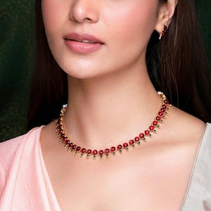 Ruby Necklace | Red And Green Ruby & Emerald Gold Choker Necklace | Bridal Necklace | Matt Gold Choker | Indian Jewelry | CZ Zircon Necklace