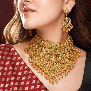 Gold Choker Necklace - Temple Jewelry - Goddess Lakshmi Necklace - South Indian Necklace - Kemp Necklace, Matte Gold Choker - Indian Jewelry
