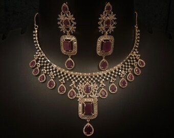 Robijnrode ketting, CZ diamanten ketting, Indiase huwelijkssieraden, CZ choker, Indiase choker, Pakistaanse sieraden, Bollywood-sieraden
