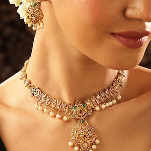 Antique Gold Plated Indian Jewelry Set, Indian Choker, Pearl Necklace, Guttapusalu Necklace, Earrings, Temple Jewelry, South Indian Jewelry