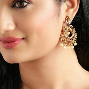 Antique Dull Gold Plated Peacock Chandbali - Cubic Zirconia Drop Earrings - Indian Wedding Jewelry - Indian Jewelry - Southindian Jewelry