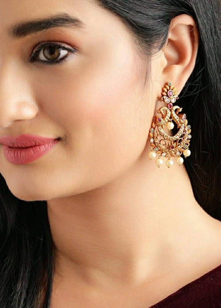 Antique Dull Gold Plated Peacock Chandbali - Cubic Zirconia Drop Earrings - Indian Wedding Jewelry - Indian Jewelry - Southindian Jewelry