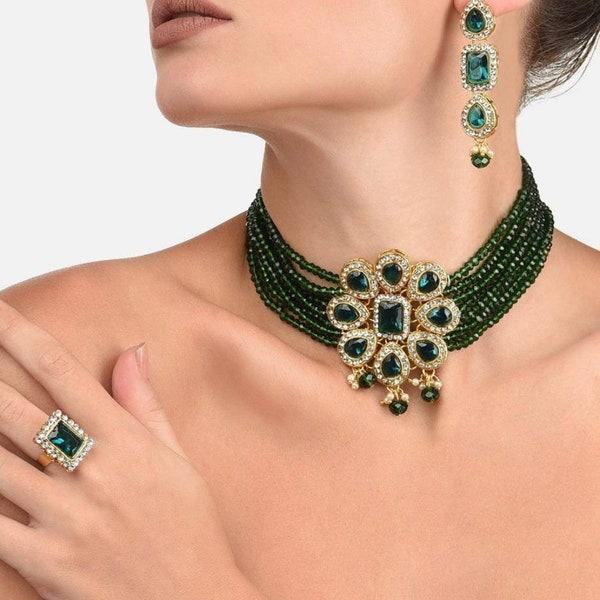 Emerald Green Choker Necklace Set - Indian Jewelry - Indian Necklace - Indian Choker - Indian Wedding Jewelry - Kundan Choker - CZ Choker