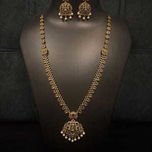 Collar largo Polki, conjunto de joyas de circonitas cúbicas con rubí y esmeralda plisadas en oro, Rani Haar, collar largo indio, joyería del templo Lakshmi, joyería india