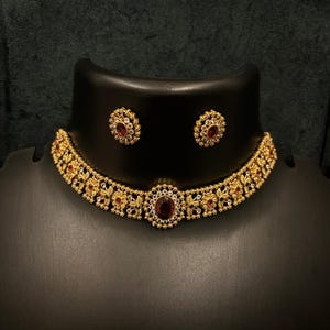 Antique Gold Plated Indian Jewelry Set, Indian Choker, Ruby Choker Necklace Set, Guttapusalu Necklace, Temple Jewelry, South Indian Jewelry