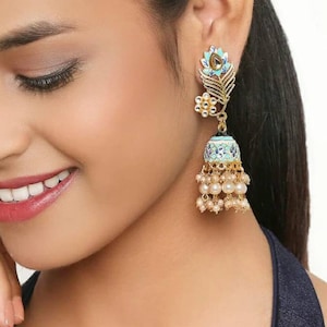 Blue & White Contemporary Jhumkas, Indian Wedding Jewelry, Pakistani Jewelry, Indian Jhumka, Punjabi Jewelry