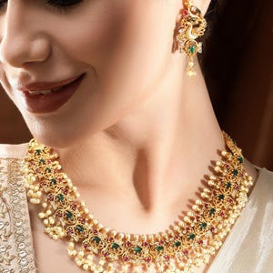 Antique Gold Plated Indian Jewelry Set, Indian Choker, White Pearl Ruby Necklace, Guttapusalu Necklace, Temple Jewelry, South Indian Jewelry