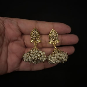 Pearl Jhumkas / Indian Wedding Jewelry/ Pakistani Jewelry/ Gold Jhumka/ Sabyasachi/ Indian Earrings/ Bollywood Jewelry/ Punjabi Earrings image 7