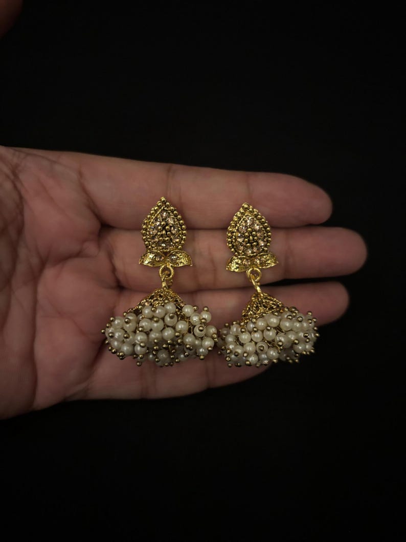 Pearl Jhumkas / Indian Wedding Jewelry/ Pakistani Jewelry/ Gold Jhumka/ Sabyasachi/ Indian Earrings/ Bollywood Jewelry/ Punjabi Earrings image 7