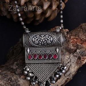 Red Silver Plated Hand Crafted  Necklace - Indian Long Necklace - German Silver Necklace  Ethnic Jewelry - Boho Tribal Oxidized Jewelry