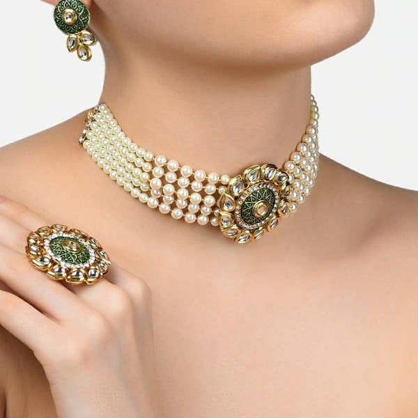 Kundan Choker, Green Meenakari Pearl Choker Necklace, Indian Choker, Indian Wedding Jewelry, Sabyasachi Necklace, Delicate Pearl Necklace