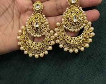 Kundan Earrings/ Kundan Chandbalis/ Indian Wedding Earrings/ Pearl Earrings/ Pakistani Earrings/ Bollywood Earrings/ Indian Weddings Jewelry