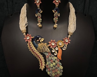 Long Meenakari Peacock Necklace Set, Indian Necklace, Matar Mala, One Gram Gold Necklace, Temple Jewelry, Indian Jewelry, Southindian Set
