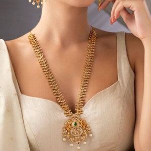 Long Polki Necklace, Gold Pleted White & Sea Green Stone Jewelry Set, Rani Haar, Indian Long Necklace, Southindian Jewelry, Indian Jewelry