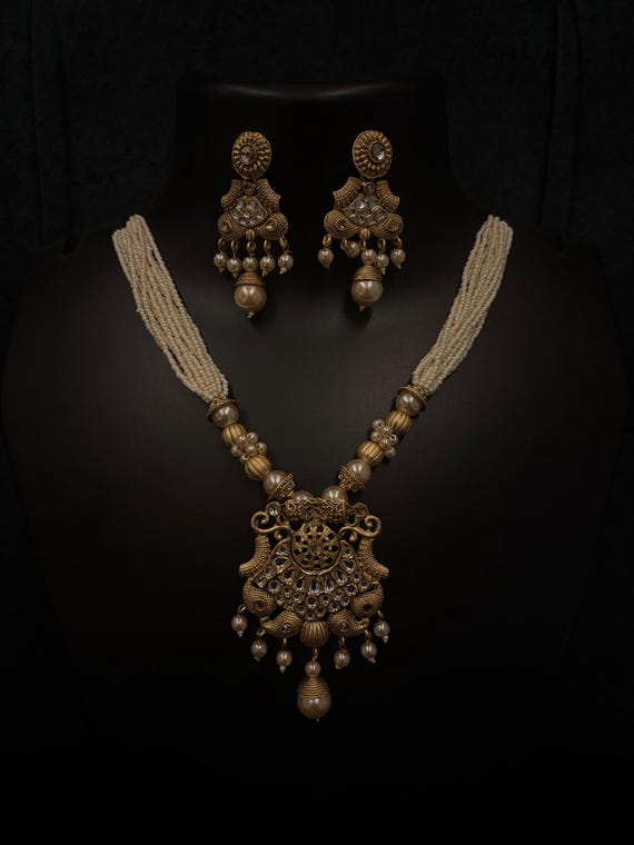 Antique Gold Plated Indian Jewelry Set, Indian Long Necklace, CZ