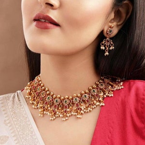 Antique Gold Plated Indian Jewelry Set, Indian Choker, Pearl Necklace, Guttapusalu Necklace, Earrings, Temple Jewelry, South Indian Jewelry