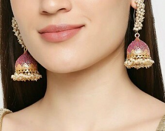Polki Earrings - Gold & Pink Jhumka Earrings - Southindian Jhumka - Indian Wedding Jewelry - Pakistani Jewelry - Meenakari Pearl Earrings