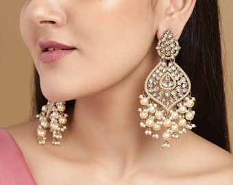 Chandbali - Golden Pearl & American Diamond Chandbali - Indian Wedding Jewelry - Indian Punjabi Earrings - Polki Earring - Pakistani Jewelry
