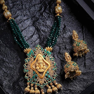 Antique Temple Jewelry Set, Indian Jewelry, Green Temple Necklace, South Indian Jewelry, Long Gold Necklace, Indian Necklace, Matar Mala