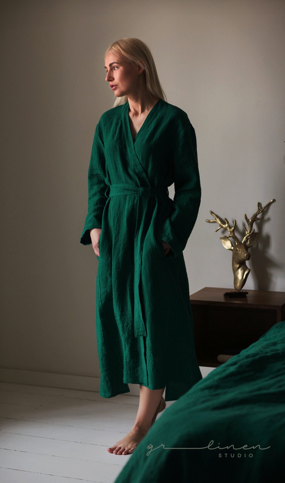 Linen robe for women. Kimono robe. Long robe. Emerald green Etsy