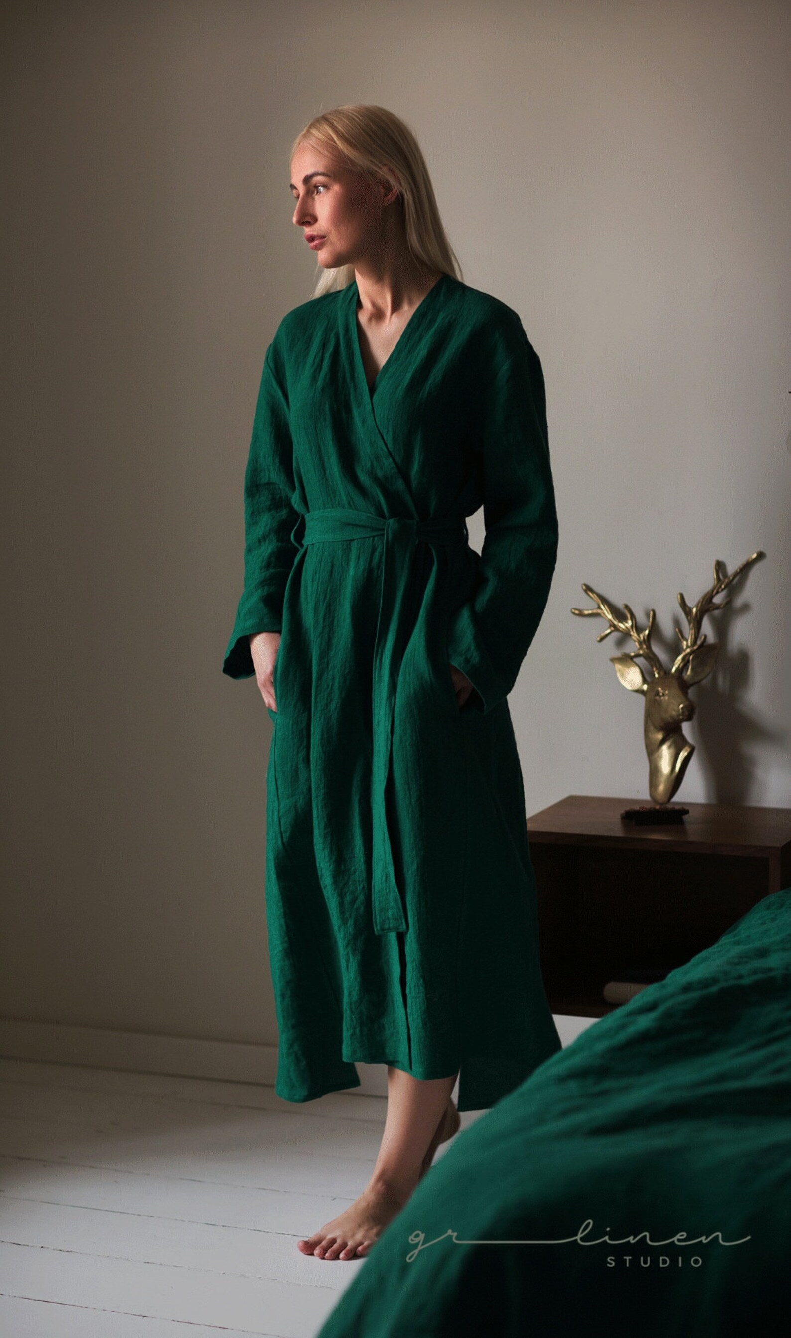 Linen robe for women. Kimono robe. Long robe. Emerald green Etsy