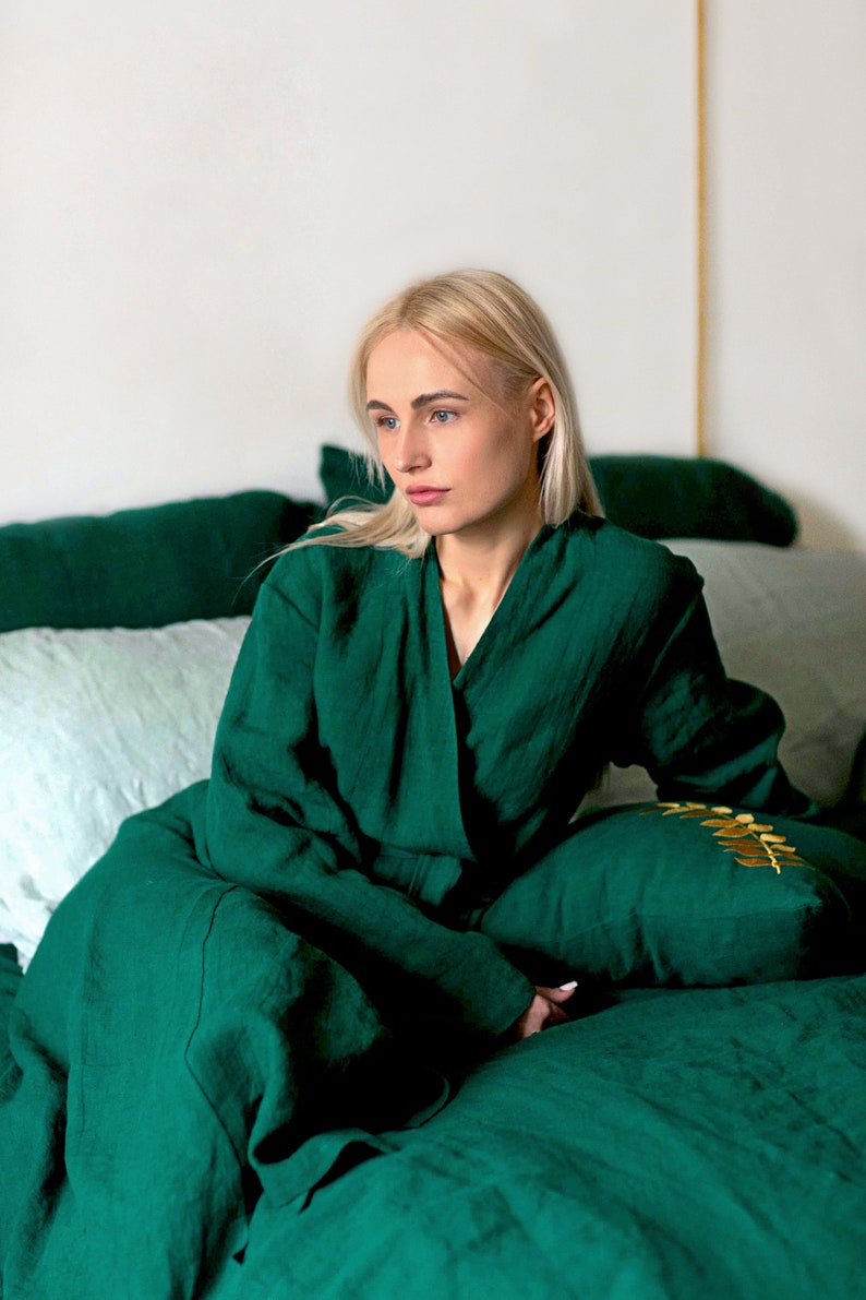 Linen robe for women. Kimono robe. Long robe. Emerald green Etsy