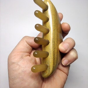 May include: A wooden comb with five translucent brown teeth. The comb is curved and has a wood grain pattern.