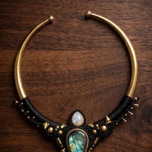 May include: A gold-toned metal collar necklace featuring a black macrame centrepiece. The design includes a large pear-shaped iridescent labradorite stone, a smaller oval moonstone, and small gold-toned metal studs and accents throughout.