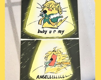 May include: A cartoon illustration of a yellow character singing into a microphone with the text "baby u r my ANGELLLLLLLLL" below.