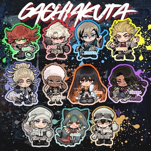 May include: A collection of colorful anime-style character stickers. Each sticker features a unique character design with distinct hairstyles, outfits, and accessories. The stickers are set against a dark, textured background with paint splatters, and the word "GACHIAKUTA" is written in white script.
