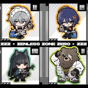 May include: Four colorful cartoon character illustrations with a black and white background. The characters are a maid with a tray, a boy with a tray, a girl with a sword, and a bear with a gold chain. The text "ZZZ - ZENLESS ZONE ZERO - ZZZ" is at the top of the image.
