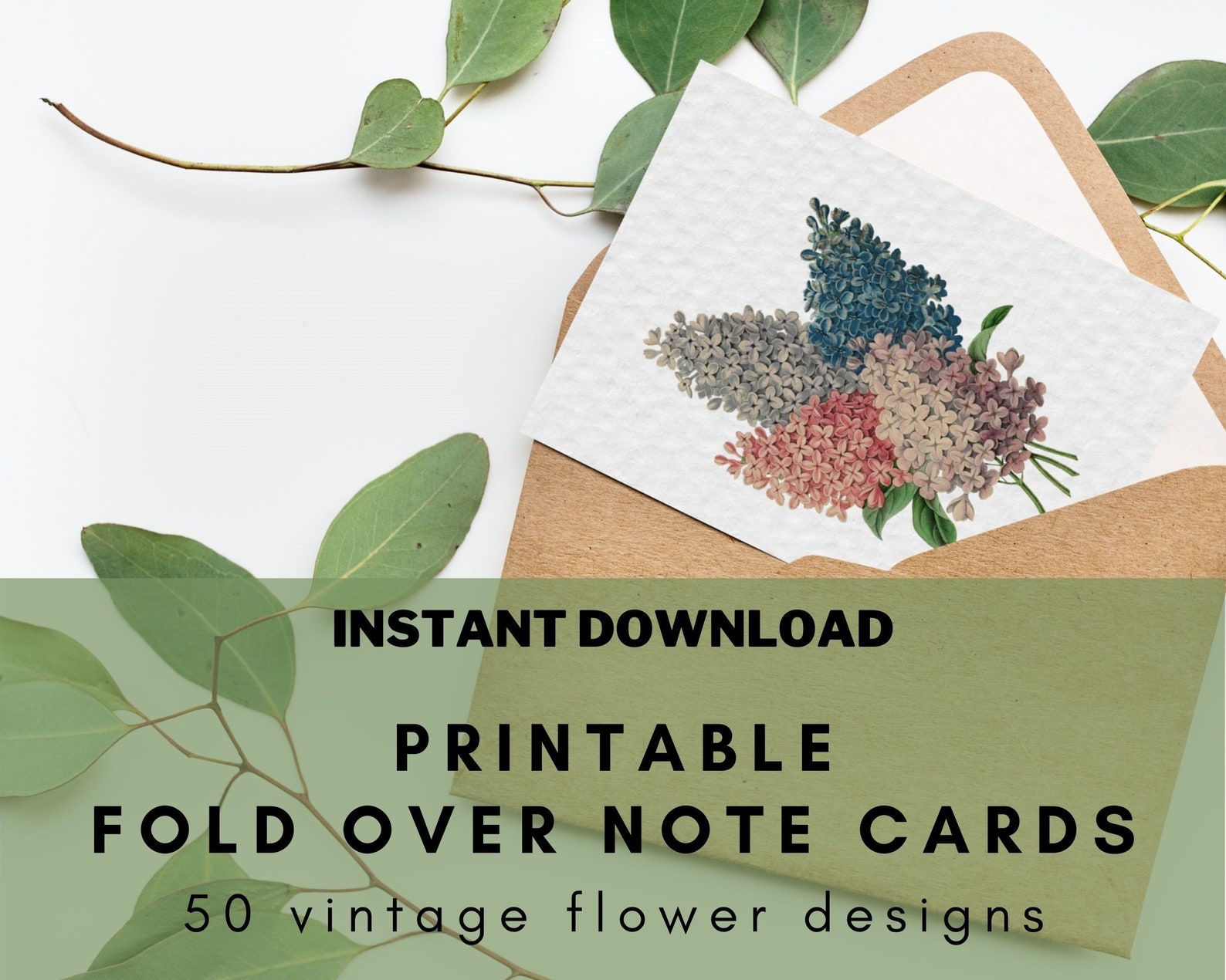 Printable floral note cards 50 flower designs blank inside | Etsy