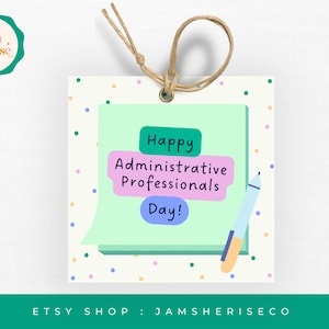 Könnte beinhalten: Eine druckbare Karte mit einem grünen, rosa und blauen Design. Die Karte sagt "Happy Administrative Professionals Day!" mit einem Stift an der Seite.