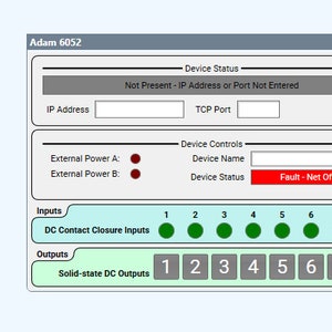 Puede incluir: Una captura de pantalla de una ventana de estado del dispositivo que muestra que el dispositivo Adam 6052 está fuera de línea. El dispositivo no está presente, la dirección IP o el puerto no se han introducido y el estado del dispositivo es "Fallo - Red fuera de línea". La ventana también muestra los controles del dispositivo, incluida la alimentación externa A y B, el nombre del dispositivo y el estado del dispositivo. La ventana también muestra las entradas y salidas del dispositivo, con círculos verdes que indican el estado de las entradas y números que indican el estado de las salidas.