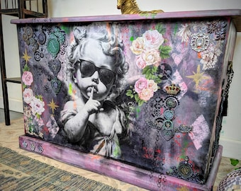 Upcycled Steampunk Pop Art Blanket Box – Custom Vintage Storage Chest. SOLD EXAMPLE. Please message.