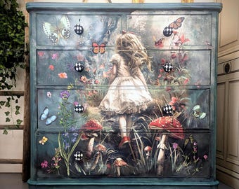 Alice in Wonderland Chest of Drawers, Custom Painted Vintage Dresser.SOLD EXAMPLE. Please message.