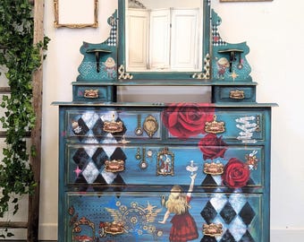 Bespoke upcycled Alice in Wonderland Dressing Table, Painted Vintage Dresser. SOLD EXAMPLE. Please message.