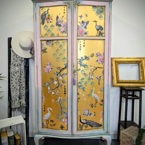 Vintage Painted Armoire Wardrobe, Gold Peacock Chinoiserie, Custom Order. SOLD EXAMPLE. Please message