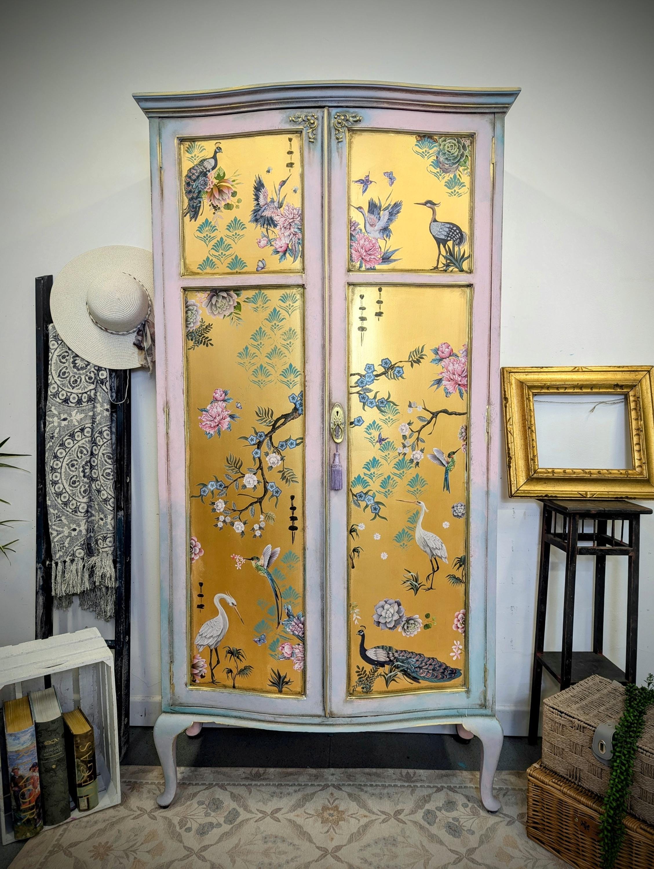 Vintage Painted Armoire Wardrobe, Gold Peacock Chinoiserie, Custom ...