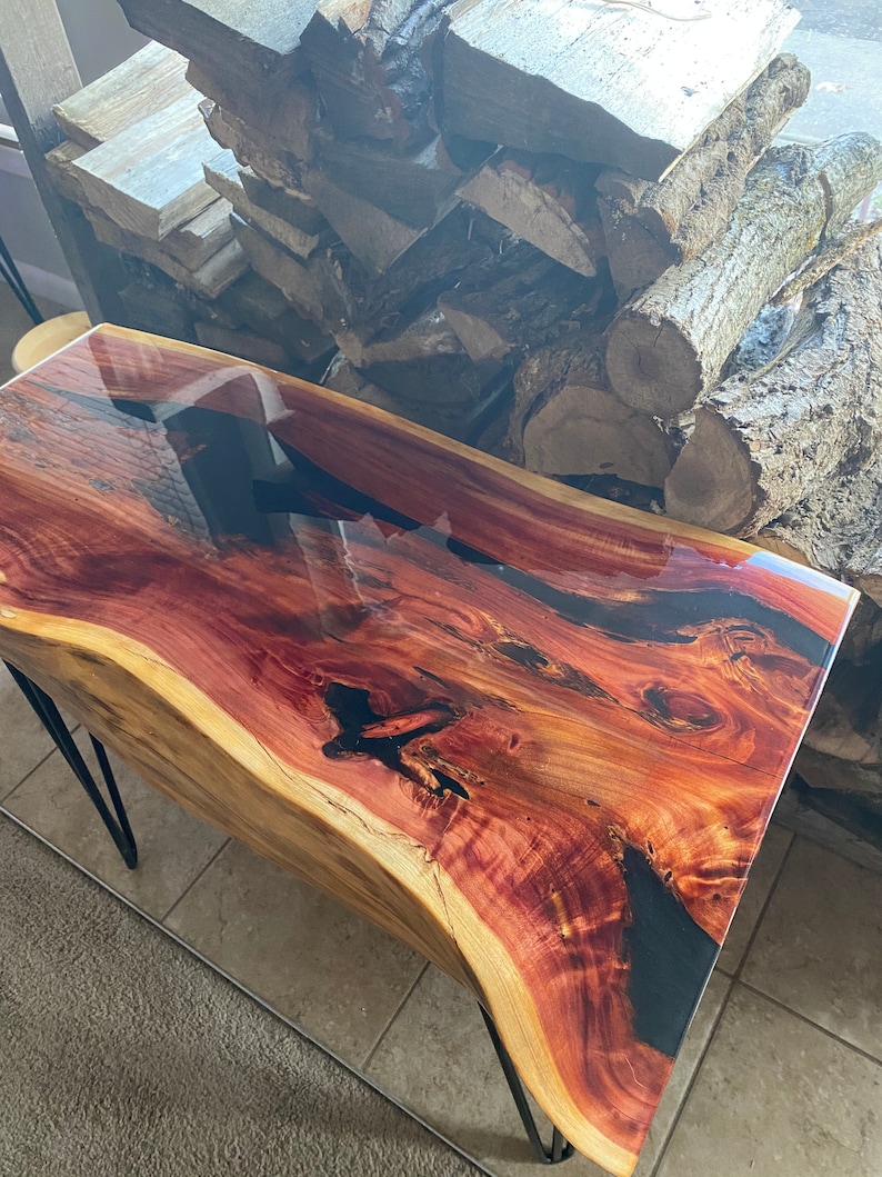 Red Cedar Live Edge Resin Accent Table Etsy