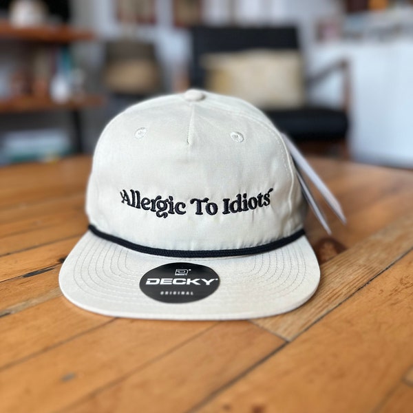 Allergic to Idiots! - Biscuit, Everyday Soft Structured Hats, Trendy 5-Panel Rope Hats, Embroidered Great Quality Classic and Seamless Hats