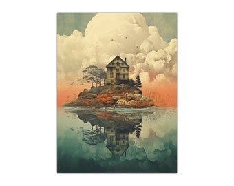 Escapism Art Satin Posters, Eye-Catching Wall Decor Prints, Imaginative Worlds Print Gallery, Unique & Vibrant, House on an Island, Clouds
