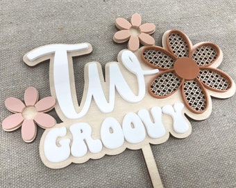 Two Groovy Acrylic Cake Topper Daisy Retro Birthday Party Decorations Floral Cake Topper Boho Cake Topper Rattan Cake Topper