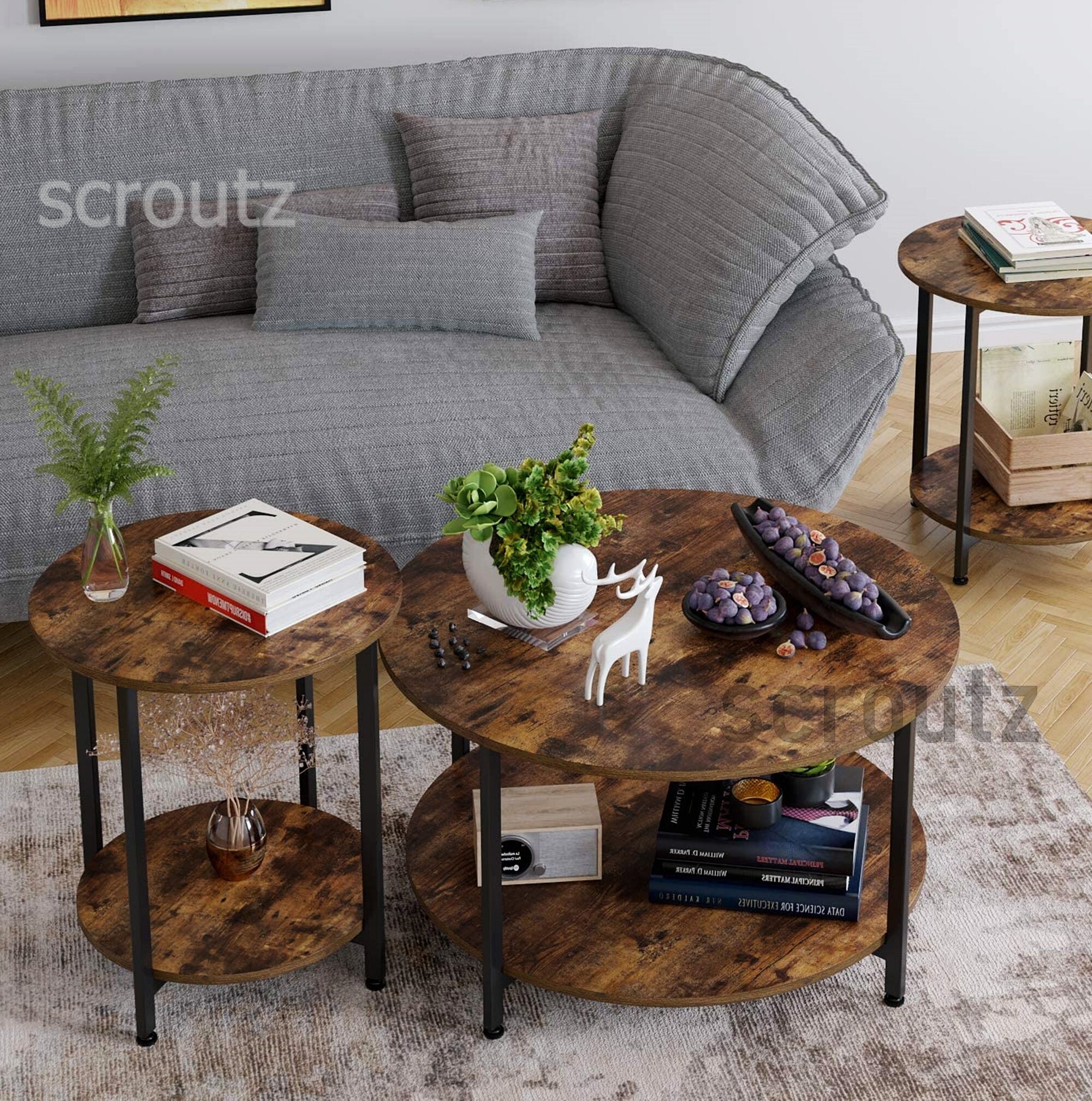 Round Industrial Coffee Table Set And Matching Rustic Side Etsy