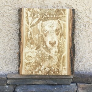 Custom dog pet memorial portrait, laser engraved on wood for a personalized, timeless keepsake. Ideal for honoring your beloved pet, this piece features intricate wood burning details. Includes a preview mockup to ensure a meaningful design.